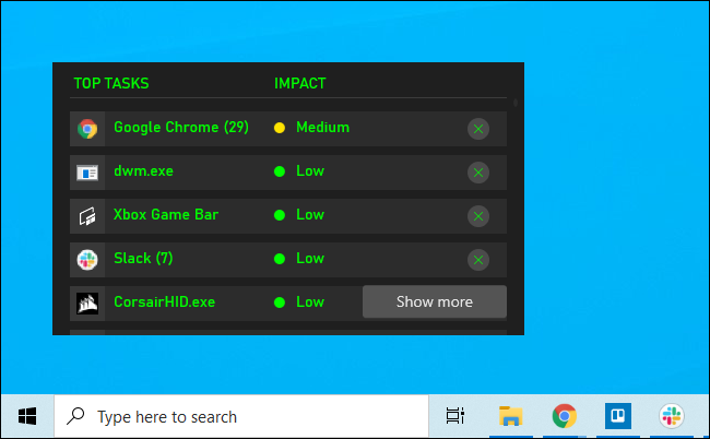 El widget de recursos de la barra de juegos de Xbox anclado en un escritorio de Windows 10[