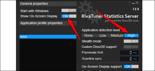 Habilite el "Mostrar visualización en pantalla" opción y luego haga clic en "Alto" debajo "Nivel de detección de aplicaciones.["