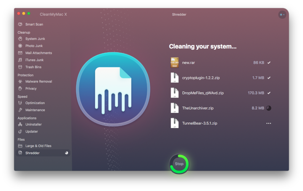 CleanMyMac X Trituradora Limpieza en progreso