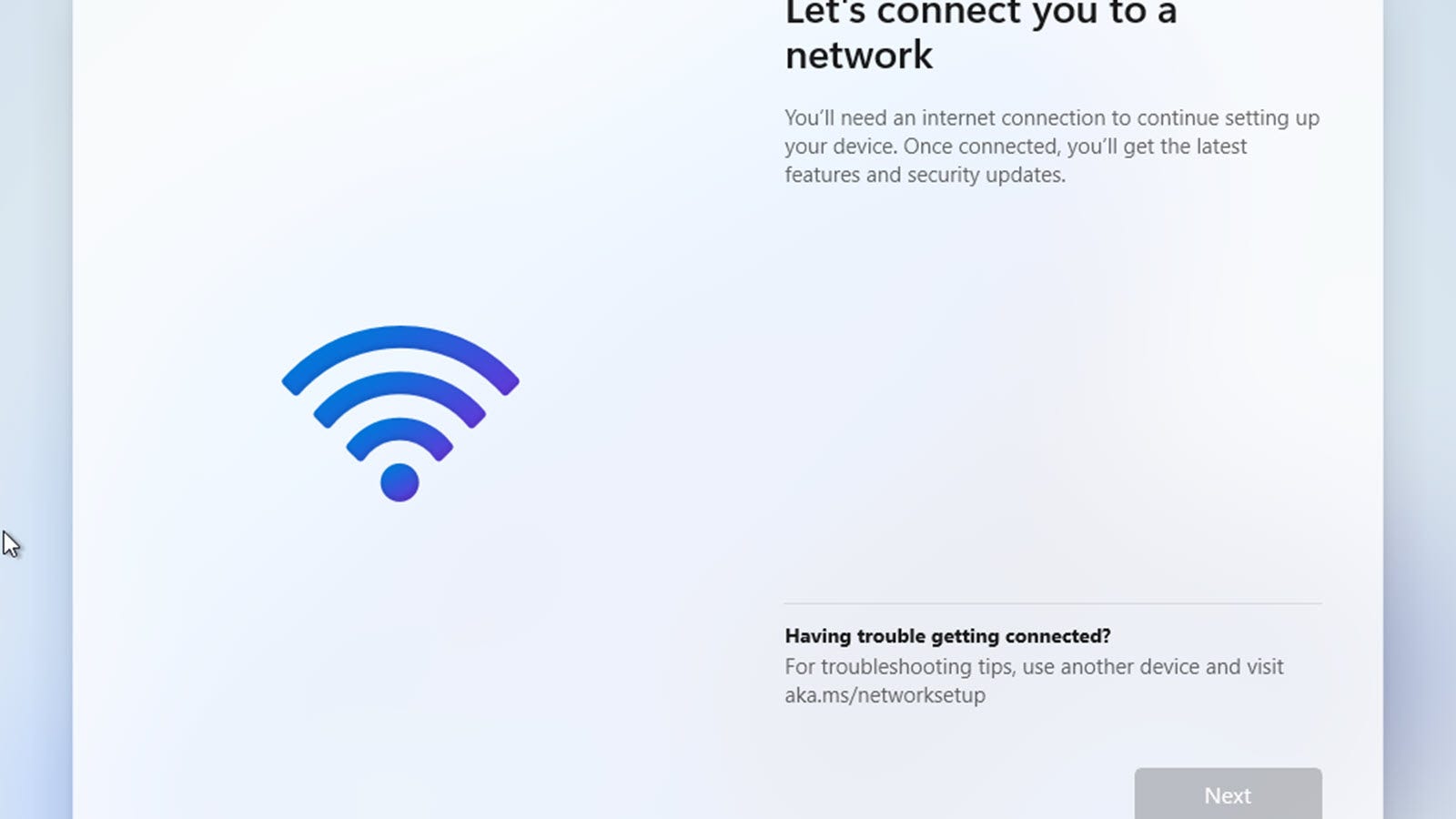 A "vamos a conectarte a la red" pantalla, sin opciones para avanzar.