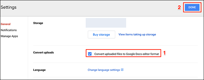 Habilite la opción de conversión en el menú de configuración de Google Drive.