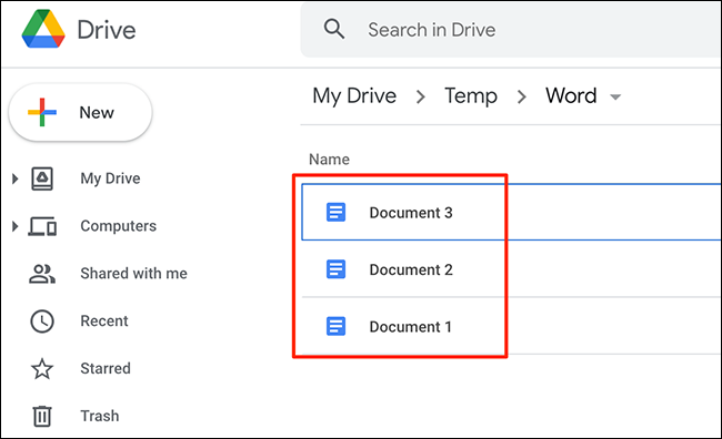 Un ejemplo de archivos convertidos al formato de Google Docs en el sitio de Google Drive.