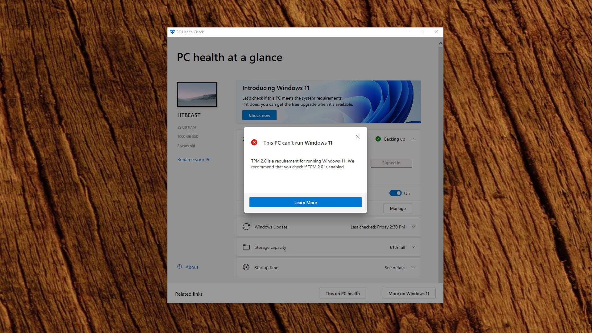 Un programa de salud de la PC que indica que la PC no puede ejecutar Windows 11