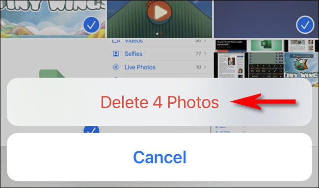 En la aplicación Fotos en iPhone o iPad, toque "Eliminar fotos" para confirmar la eliminación.
