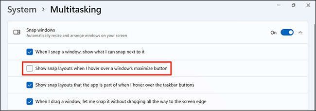 Desactivar el "Mostrar diseños de snap cuando coloco el cursor sobre el botón de maximizar de una ventana" opción en Configuración en Windows 11.