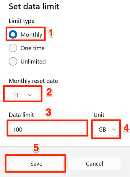 Selecciona el "Mensual" opción de límite de datos en Configuración en Windows 11.