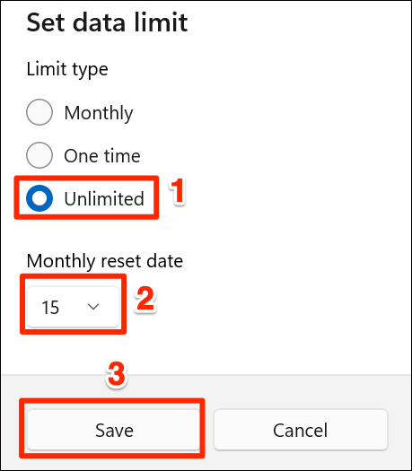 Elegir el "Ilimitado" opción de límite de datos en Configuración en Windows 11.