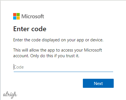 Abra y marque la página de acceso del código de Microsoft en su PC.