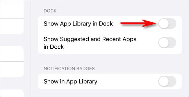 Cambiar "Mostrar biblioteca de aplicaciones en el Dock" para "Apagado."