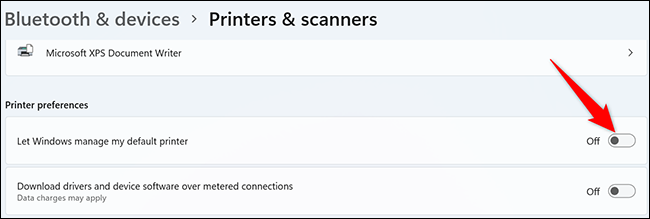 Desactivar "Permitir que Windows administre mi impresora predeterminada" sobre el "Impresoras y escáneres" página.